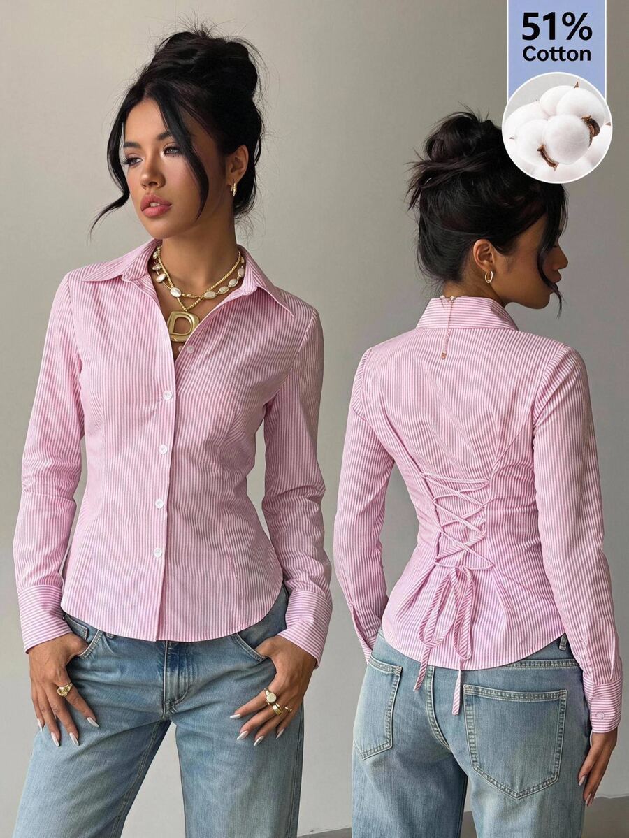 SHEIN EZwear 灰粉色條紋梭織女款襯衫 辦公室秋季優雅風