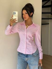 SHEIN EZwear 灰粉色條紋梭織女款襯衫 辦公室秋季優雅風 - 粉色 - 查看 7