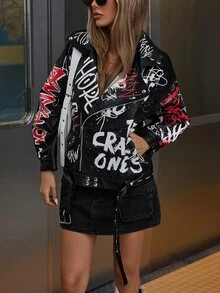Aveloria GENKIRA Chaqueta con estampado de letras de grafiti coloridas y estilo gótico punk de moda - Negro - Ver 3