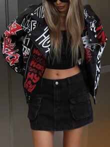 Aveloria GENKIRA Chaqueta con estampado de letras de grafiti coloridas y estilo gótico punk de moda - Negro - Ver 7