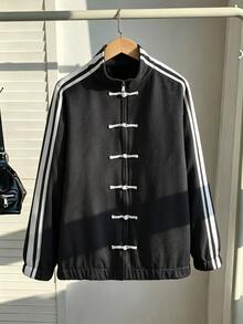 SHEIN 青少年女孩秋季新款中式風格青蛙鈕扣麂皮外套，春秋復古立領條紋側邊拼色寬鬆休閒國風... - 深灰色 - 查看 2