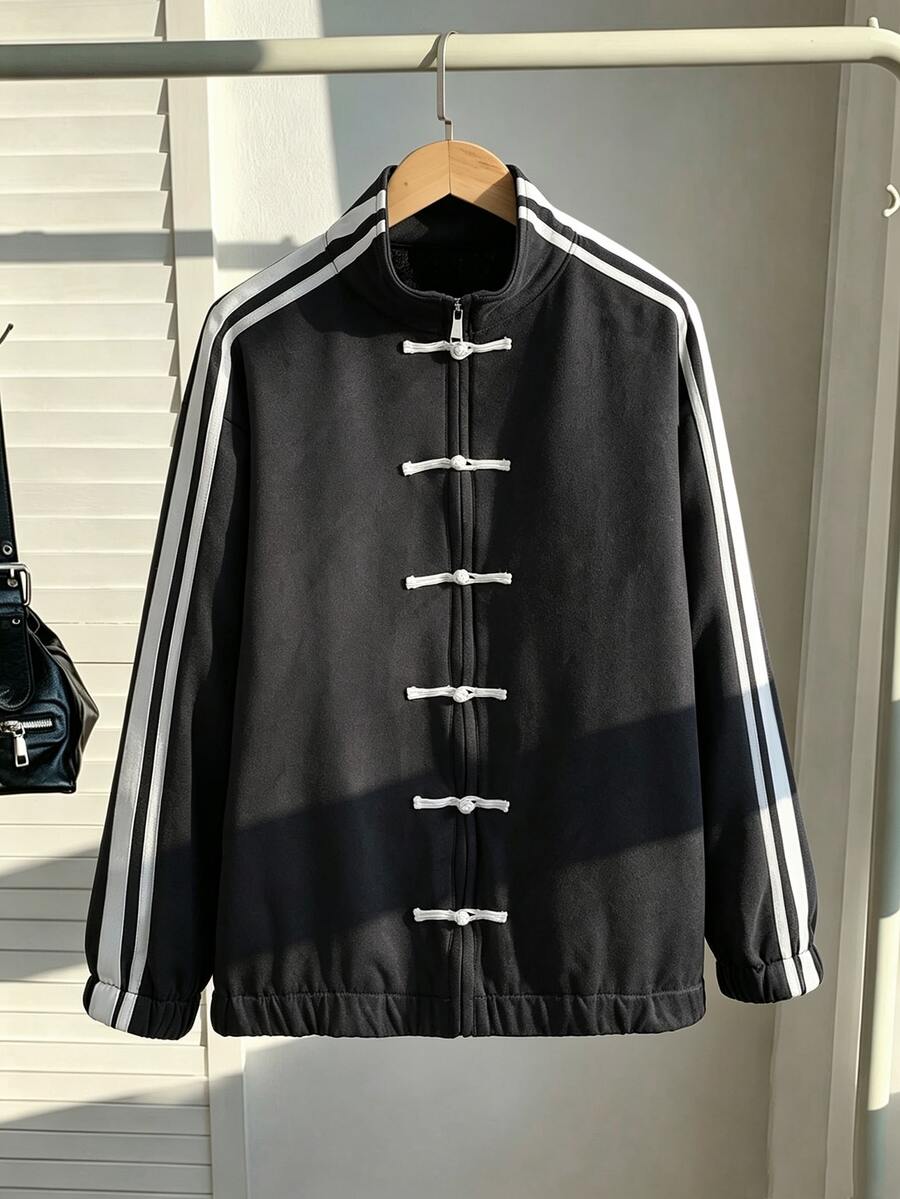 SHEIN 青少年女孩秋季新款中式風格青蛙鈕扣麂皮外套，春秋復古立領條紋側邊拼色寬鬆休閒國風...