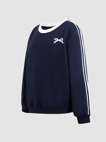 SHEIN Tween女孩秋季深藍色運動風蝴蝶結套裝，甜美休閒街頭風日常穿搭 - 藍色 - 查看 8