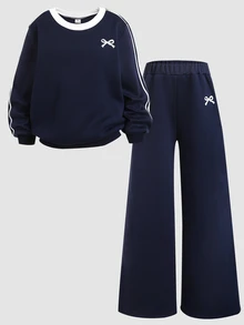 SHEIN Tween女孩秋季深藍色運動風蝴蝶結套裝，甜美休閒街頭風日常穿搭 - 藍色 - 查看 3