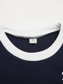 SHEIN Tween女孩秋季深藍色運動風蝴蝶結套裝，甜美休閒街頭風日常穿搭 - 藍色 - 查看 5