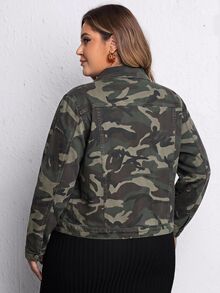 Jeanoix 節慶大尺碼女款迷彩綠彈性修身性感牛仔夾克 - 軍綠色 - 查看 2