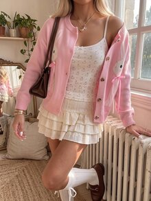 CovetEZ 蝴蝶結刺繡開襟衫 可愛甜美兔子圖案女款針織毛衣，適合約會、聚會、大學派對、聖誕節、萬聖節 - 粉色 - 查看 7