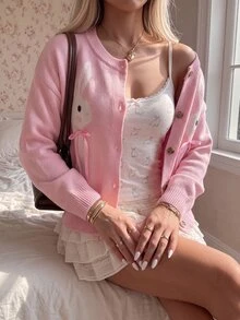CovetEZ 蝴蝶結刺繡開襟衫 可愛甜美兔子圖案女款針織毛衣，適合約會、聚會、大學派對、聖誕節、萬聖節 - 粉色 - 查看 3
