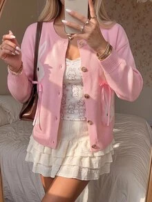 CovetEZ 蝴蝶結刺繡開襟衫 可愛甜美兔子圖案女款針織毛衣，適合約會、聚會、大學派對、聖誕節、萬聖節 - 粉色 - 查看 1