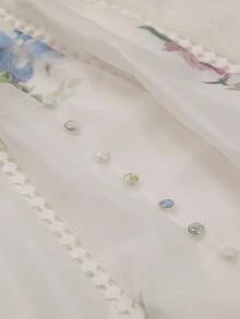 BELROSIE 优雅精准度假透视清凉竹秆亚麻复古花卉印花泡泡袖短袖厚重工艺镂空蕾丝拼接修身腰部宽喇叭A字型女式长裙 - 彩色 - 查看 7