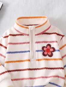 SHEIN 2件組幼兒女嬰運動衫長褲套裝，可愛甜美白色條紋花朵圖案，長袖拉鍊領，生日家庭拍照穿搭，秋季公主風 - 彩色 - 查看 8