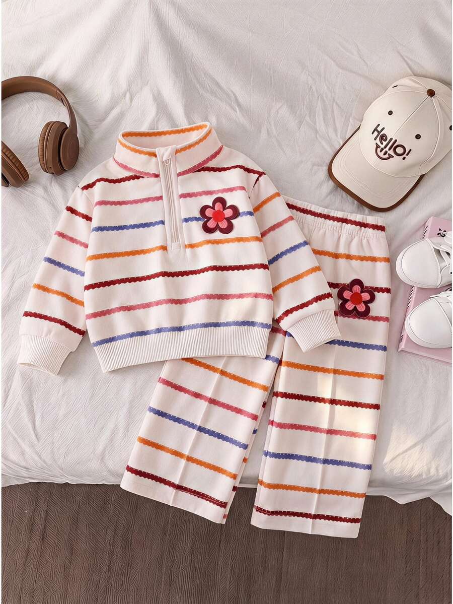 SHEIN 2件組幼兒女嬰運動衫長褲套裝，可愛甜美白色條紋花朵圖案，長袖拉鍊領，生日家庭拍照穿搭，秋季公主風