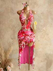 Mistrie Women's Pink Halter Sleeveless Knitted Maxi Dress With Random Print And Ruffle Asymmetrical Hem - Pink - View 2