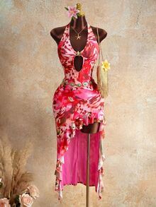 Mistrie Women's Pink Halter Sleeveless Knitted Maxi Dress With Random Print And Ruffle Asymmetrical Hem - Pink - View 1