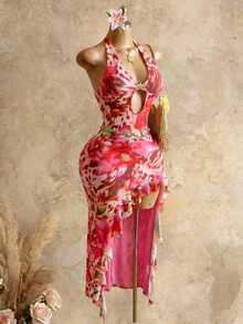 Mistrie Women's Pink Halter Sleeveless Knitted Maxi Dress With Random Print And Ruffle Asymmetrical Hem - Pink - View 6