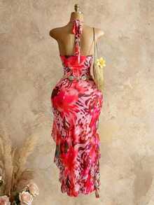 Mistrie Women's Pink Halter Sleeveless Knitted Maxi Dress With Random Print And Ruffle Asymmetrical Hem - Pink - View 3