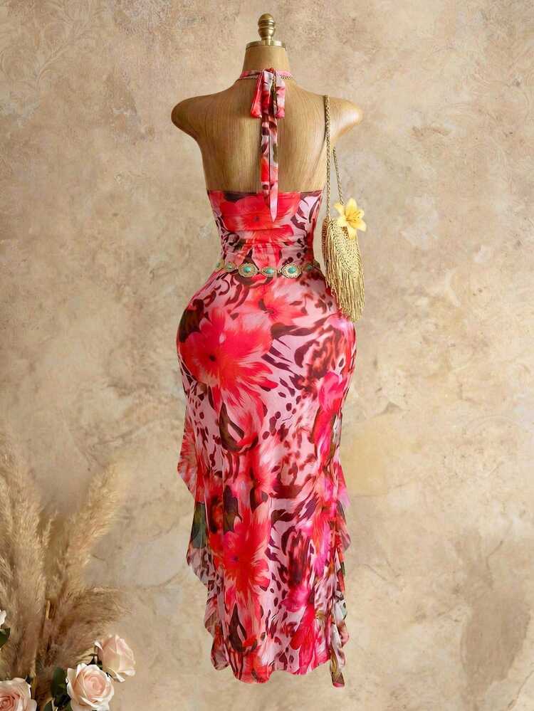 Mistrie Women's Pink Halter Sleeveless Knitted Maxi Dress With Random Print And Ruffle Asymmetrical Hem - Pink - View 3