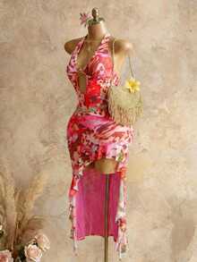 Mistrie Women's Pink Halter Sleeveless Knitted Maxi Dress With Random Print And Ruffle Asymmetrical Hem - Pink - View 4