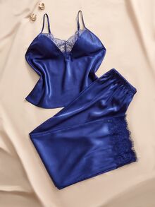 Charlaine Women's Plain Lace Spliced Pajama Set - Navy Blue - View 5