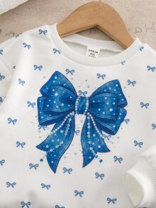 SHEIN Baby Girl Knitted Round Neck Fitted Bow Pattern Sweatshirt And Flared Long Pants 2 Pieces Set - Multicolor - View 5