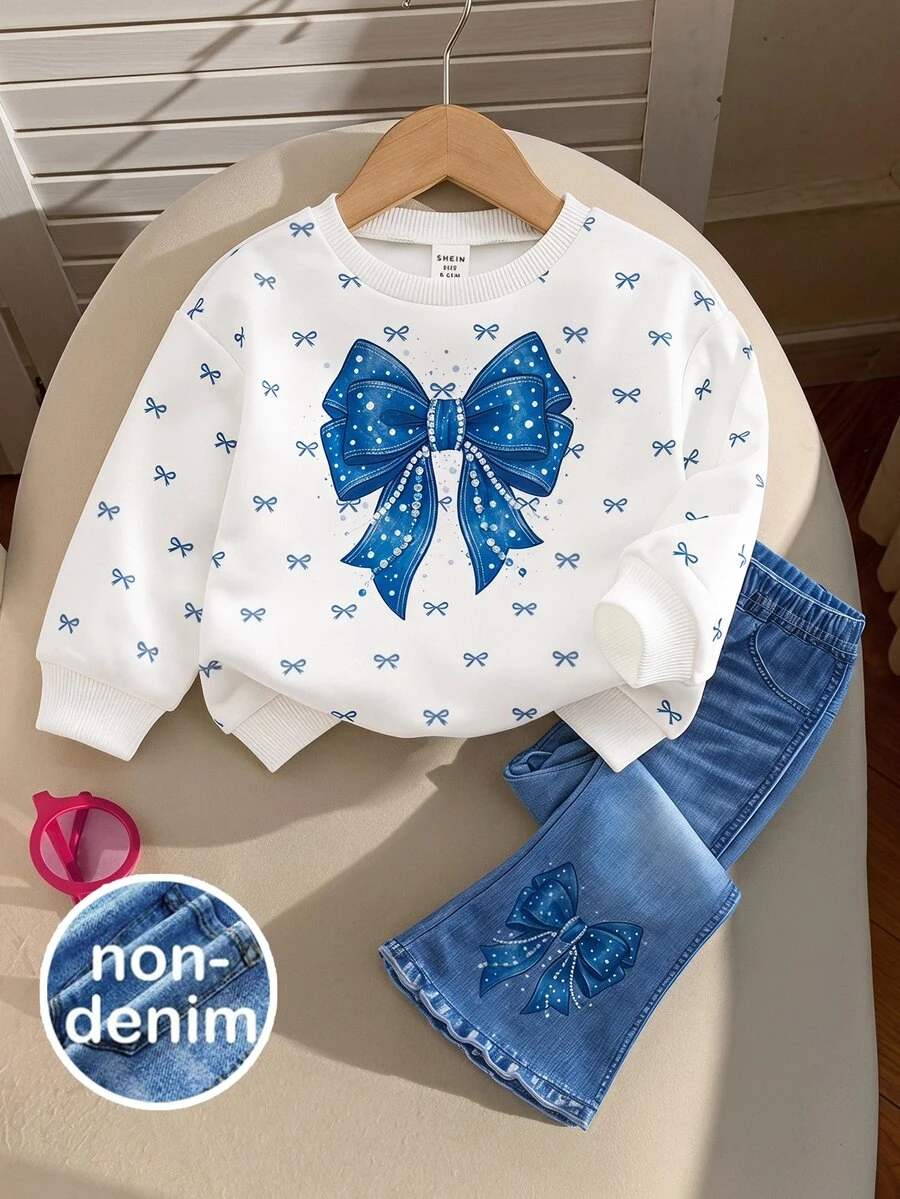 SHEIN Baby Girl Knitted Round Neck Fitted Bow Pattern Sweatshirt And Flared Long Pants 2 Pieces Set - Multicolor - View 1