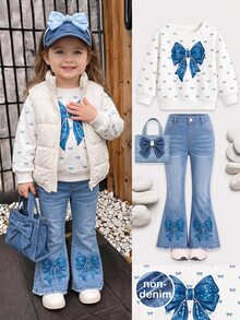 SHEIN Baby Girl Knitted Round Neck Fitted Bow Pattern Sweatshirt And Flared Long Pants 2 Pieces Set - Multicolor - View 9