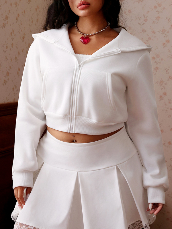 CovetEZ Autumn New Solid Color Hooded Pocket Casual Y2k 90s Loose Plus Size Sweatshirt White