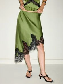 MOTF PREMIUM COLORBLOCK LACE PATCHWORK ASYMMETRICAL HEM SKIRT - Green - View 6