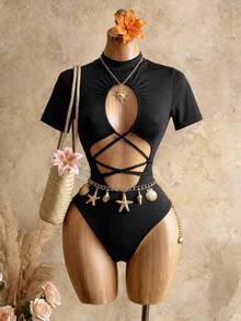 Mistrie Sexy Halter Backless Bodysuit, High Neck Short Sleeve Hollow Cross Strap Design, Slim Fit Revealing Waist And Back, Fashionable Party/Date Outfit - Black - View 2