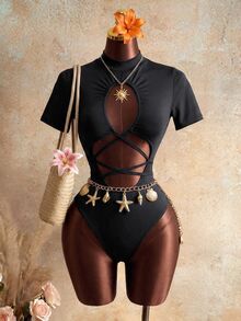 Mistrie Sexy Halter Backless Bodysuit, High Neck Short Sleeve Hollow Cross Strap Design, Slim Fit Revealing Waist And Back, Fashionable Party/Date Outfit - Black - View 1