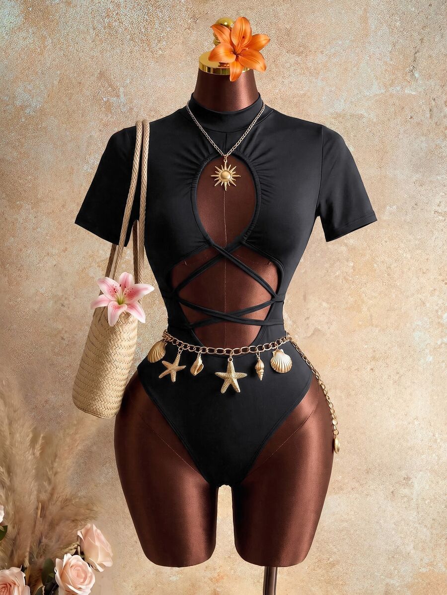 Mistrie Sexy Halter Backless Bodysuit, High Neck Short Sleeve Hollow Cross Strap Design, Slim Fit Revealing Waist And Back, Fashionable Party/Date Outfit - Black - View 1