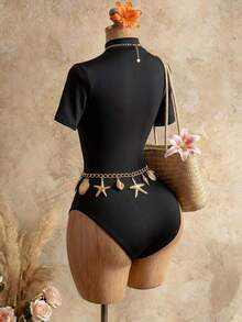 Mistrie Sexy Halter Backless Bodysuit, High Neck Short Sleeve Hollow Cross Strap Design, Slim Fit Revealing Waist And Back, Fashionable Party/Date Outfit - Black - View 3