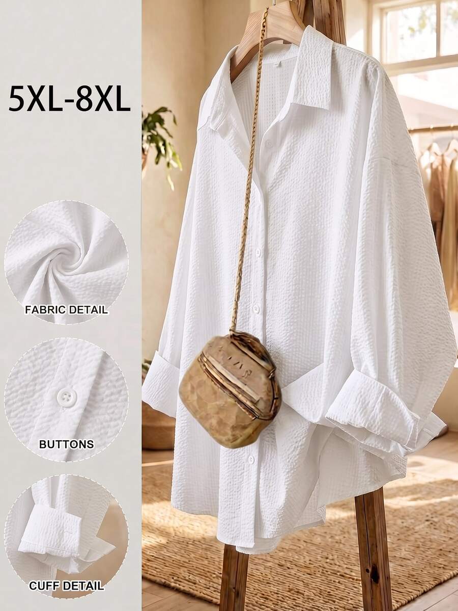 SHEIN CURVE+ Kemeja Lengan Panjang Biru Kancing dengan Belahan Belakang, Kasual Longgar Nyaman untuk Wanita Ukuran Plus Musim Semi/Panas, Serbaguna, Melangsingkan, Pakaian Musim Semi, Blus Wanita, Gaya Sederhana, Atasan Kerja, Kemeja Bergaris - Putih - View 1