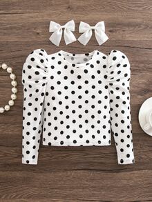 Emery Rose Kids Emery Rose Kids 女童小女孩波點圖案方領羊腿袖休閒T恤 - 黑與白 - 查看 4