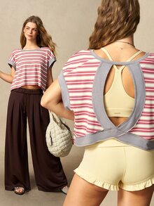 VARSIVA Color Block Striped Hollow Back Sports Tank Top - Grey - View 8
