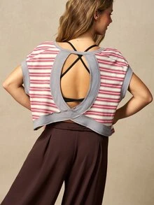 VARSIVA Color Block Striped Hollow Back Sports Tank Top - Grey - View 4