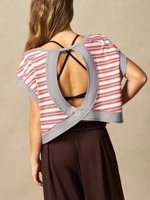 VARSIVA Color Block Striped Hollow Back Sports Tank Top - Grey - View 7