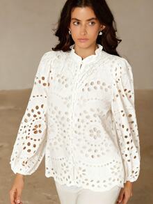 BELROSIE New Arrival Summer French Style Casual Romantic Elegant Embroidered Hollow-Out Pleated Front Long Sleeve Blouse Wedding Tea Party Birthday White - White - View 5