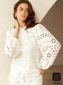 BELROSIE New Arrival Summer French Style Casual Romantic Elegant Embroidered Hollow-Out Pleated Front Long Sleeve Blouse Wedding Tea Party Birthday White - White - View 10