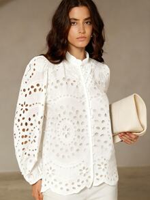 BELROSIE New Arrival Summer French Style Casual Romantic Elegant Embroidered Hollow-Out Pleated Front Long Sleeve Blouse Wedding Tea Party Birthday White - White - View 6
