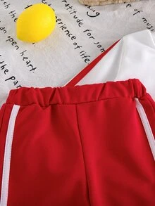 SHEIN 2件組幼女運動休閒套裝，白色配紅蝴蝶結緞帶裝飾，長袖圓領，正裝版型，適合生日派對、秋季公主風舒適運動穿搭 - 紅色 - 查看 4
