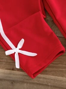 SHEIN 2件組幼女運動休閒套裝，白色配紅蝴蝶結緞帶裝飾，長袖圓領，正裝版型，適合生日派對、秋季公主風舒適運動穿搭 - 紅色 - 查看 3