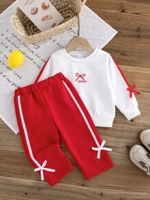 SHEIN 2件組幼女運動休閒套裝，白色配紅蝴蝶結緞帶裝飾，長袖圓領，正裝版型，適合生日派對、秋季公主風舒適運動穿搭 - 紅色 - 查看 9