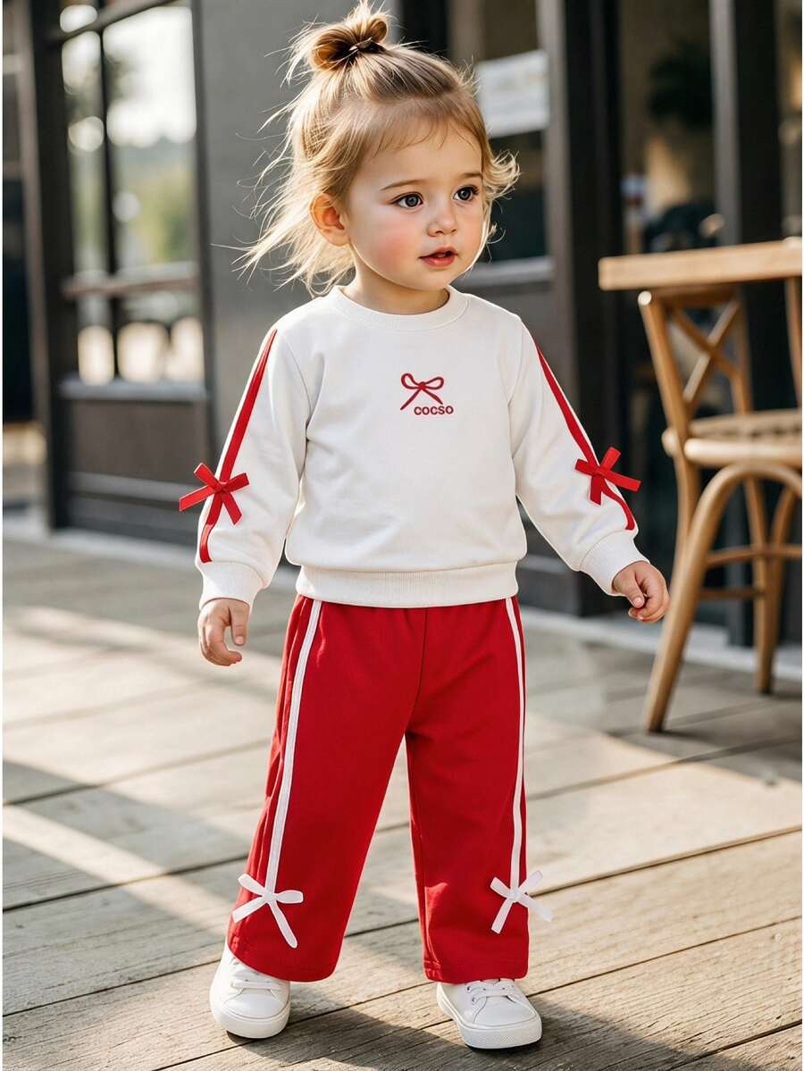 SHEIN 2件組幼女運動休閒套裝,白色配紅蝴蝶結緞帶裝飾,長袖圓領,正裝版型,適合生日派對、秋季公主風舒適運動穿搭 - 紅色 - 查看 1