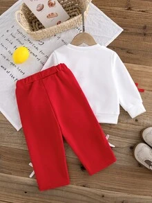 SHEIN 2件組幼女運動休閒套裝，白色配紅蝴蝶結緞帶裝飾，長袖圓領，正裝版型，適合生日派對、秋季公主風舒適運動穿搭 - 紅色 - 查看 2