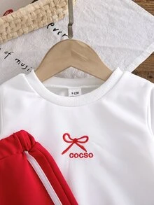 SHEIN 2件組幼女運動休閒套裝，白色配紅蝴蝶結緞帶裝飾，長袖圓領，正裝版型，適合生日派對、秋季公主風舒適運動穿搭 - 紅色 - 查看 6