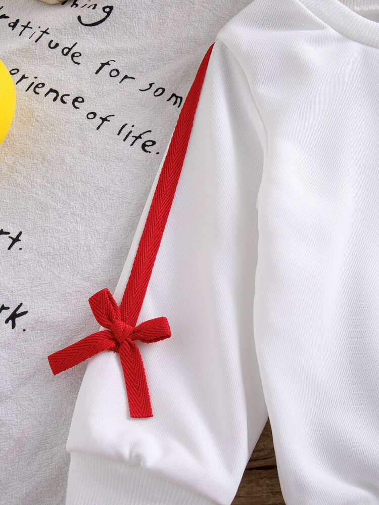 SHEIN 2pcs Toddler Girl Sweatshirt + Pants Sweet White Red Bow Ribbon Tape Decor Long Sleeve Round Neck Regular Birthday Party Fall Princess Cozy Activewear - Red - View 7