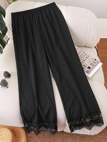 CosyJoli Plus Contrast Lace Drawstring Waist Wide Leg Pants - Black - View 2