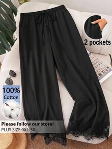 CosyJoli Plus Contrast Lace Drawstring Waist Wide Leg Pants - Black - View 1