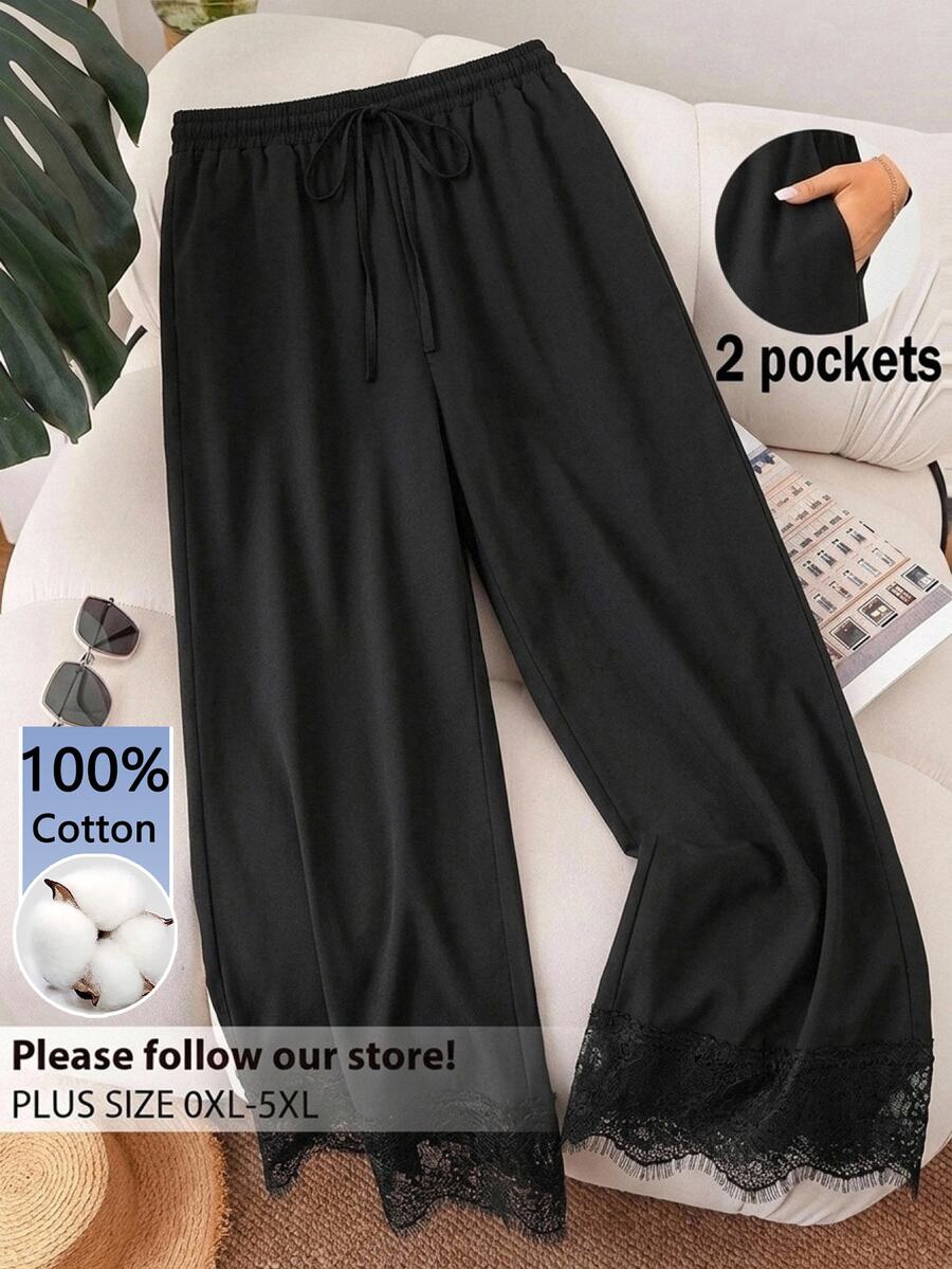 CosyJoli Plus Contrast Lace Drawstring Waist Wide Leg Pants - Black - View 1